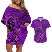 Hawaii Monk Seal and Dolphin Couples Matching Off Shoulder Short Dress and Hawaiian Shirt Polynesian Kakau Pattern Purple LT03 Purple - Polynesian Pride