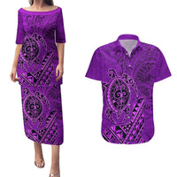 Hawaii Monk Seal and Dolphin Couples Matching Puletasi and Hawaiian Shirt Polynesian Kakau Pattern Purple LT03 Purple - Polynesian Pride