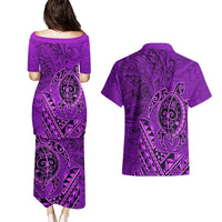 Hawaii Monk Seal and Dolphin Couples Matching Puletasi and Hawaiian Shirt Polynesian Kakau Pattern Purple LT03 - Polynesian Pride