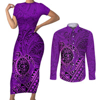 Hawaii Monk Seal and Dolphin Couples Matching Short Sleeve Bodycon Dress and Long Sleeve Button Shirt Polynesian Kakau Pattern Purple LT03 Purple - Polynesian Pride