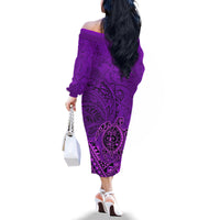Hawaii Monk Seal and Dolphin Family Matching Off The Shoulder Long Sleeve Dress and Hawaiian Shirt Polynesian Kakau Pattern Purple