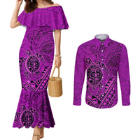 Hawaii Monk Seal and Dolphin Couples Matching Mermaid Dress and Long Sleeve Button Shirt Polynesian Kakau Pattern Pink LT03 Pink - Polynesian Pride