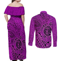 Hawaii Monk Seal and Dolphin Couples Matching Off Shoulder Maxi Dress and Long Sleeve Button Shirt Polynesian Kakau Pattern Pink LT03 - Polynesian Pride