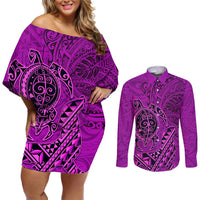 Hawaii Monk Seal and Dolphin Couples Matching Off Shoulder Short Dress and Long Sleeve Button Shirt Polynesian Kakau Pattern Pink LT03 Pink - Polynesian Pride