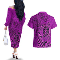 Hawaii Monk Seal and Dolphin Couples Matching Off The Shoulder Long Sleeve Dress and Hawaiian Shirt Polynesian Kakau Pattern Pink LT03 - Polynesian Pride