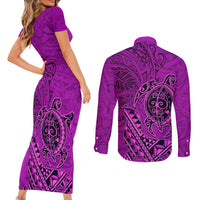 Hawaii Monk Seal and Dolphin Couples Matching Short Sleeve Bodycon Dress and Long Sleeve Button Shirt Polynesian Kakau Pattern Pink LT03 - Polynesian Pride
