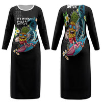 Hawaii Pineapple Surfing Family Matching Long Sleeve Bodycon Dress and Hawaiian Shirt It's in My DNA - Kakau and Polynesian Pattern LT03 Mom's Dress Black - Polynesian Pride