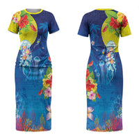 Palau Family Matching Short Sleeve Bodycon Dress and Hawaiian Shirt Jellyfish with Coral Reefs Ocean Vibe and Tapa Pattern LT03 Mom's Dress Blue - Polynesian Pride