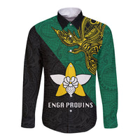 Papua New Guinea Enga Province Long Sleeve Button Shirt PNG Birds Of Paradise Polynesian Arty Style LT03 Unisex Green - Polynesian Pride
