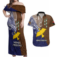 Papua New Guinea Manus Province Couples Matching Off Shoulder Maxi Dress and Hawaiian Shirt PNG Birds Of Paradise Polynesian Arty Style LT03 Brown - Polynesian Pride