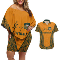 Custom Australia Rugby Championship 2024 Couples Matching Off Shoulder Short Dress and Hawaiian Shirt Aboriginal Art Tattoo Pattern LT03 Yellow - Polynesian Pride
