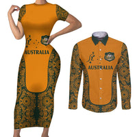 Custom Australia Rugby Championship 2024 Couples Matching Short Sleeve Bodycon Dress and Long Sleeve Button Shirt Aboriginal Art Tattoo Pattern LT03 Yellow - Polynesian Pride