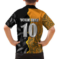 Custom New Zealand and Australia Rugby Championship 2024 Family Matching Off The Shoulder Long Sleeve Dress and Hawaiian Shirt Maori Warrior and Kangaroo Mascot with Fern Aboriginal