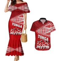Tonga Rugby Couples Matching Mermaid Dress and Hawaiian Shirt Sipi Tau Dance Ngatu Pattern LT03 Red - Polynesian Pride