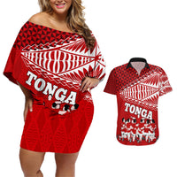 Tonga Rugby Couples Matching Off Shoulder Short Dress and Hawaiian Shirt Sipi Tau Dance Ngatu Pattern LT03 Red - Polynesian Pride