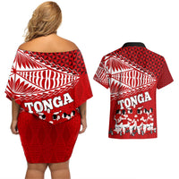 Tonga Rugby Couples Matching Off Shoulder Short Dress and Hawaiian Shirt Sipi Tau Dance Ngatu Pattern LT03 - Polynesian Pride