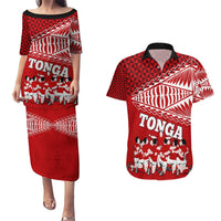 Tonga Rugby Couples Matching Puletasi Dress and Hawaiian Shirt Sipi Tau Dance Ngatu Pattern LT03 Red - Polynesian Pride