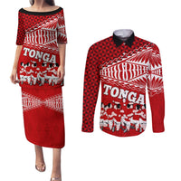 Tonga Rugby Couples Matching Puletasi Dress and Long Sleeve Button Shirts Sipi Tau Dance Ngatu Pattern LT03 Red - Polynesian Pride