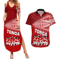 Tonga Rugby Couples Matching Summer Maxi Dress and Hawaiian Shirt Sipi Tau Dance Ngatu Pattern LT03 Red - Polynesian Pride