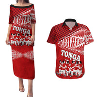 Personalised Tonga Rugby Couples Matching Puletasi Dress and Hawaiian Shirt Sipi Tau Dance Ngatu Pattern LT03 Red - Polynesian Pride