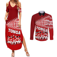 Personalised Tonga Rugby Couples Matching Summer Maxi Dress and Long Sleeve Button Shirts Sipi Tau Dance Ngatu Pattern LT03 Red - Polynesian Pride