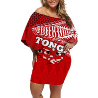 Personalised Tonga Rugby Off Shoulder Short Dress Sipi Tau Dance Ngatu Pattern LT03 Women Red - Polynesian Pride