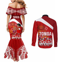 Tonga Rugby Couples Matching Mermaid Dress and Long Sleeve Button Shirts Sipi Tau Dance Coat of Arms Ngatu Pattern LT03 - Polynesian Pride