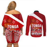 Tonga Rugby Couples Matching Off Shoulder Short Dress and Long Sleeve Button Shirts Sipi Tau Dance Coat of Arms Ngatu Pattern LT03 - Polynesian Pride