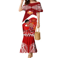 Tonga Rugby Mermaid Dress Sipi Tau Dance Coat of Arms Ngatu Pattern LT03 Women Red - Polynesian Pride