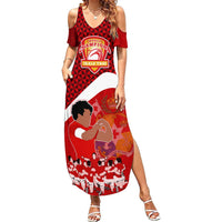 Tonga Rugby Summer Maxi Dress Sipi Tau Dance Coat of Arms Ngatu Pattern LT03 Women Red - Polynesian Pride
