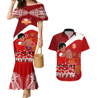 Personalised Tonga Rugby Couples Matching Mermaid Dress and Hawaiian Shirt Sipi Tau Dance Coat of Arms Ngatu Pattern LT03 Red - Polynesian Pride