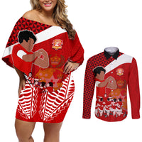 Personalised Tonga Rugby Couples Matching Off Shoulder Short Dress and Long Sleeve Button Shirts Sipi Tau Dance Coat of Arms Ngatu Pattern LT03 Red - Polynesian Pride