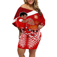 Personalised Tonga Rugby Off Shoulder Short Dress Sipi Tau Dance Coat of Arms Ngatu Pattern LT03 Women Red - Polynesian Pride