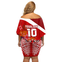 Personalised Tonga Rugby Off Shoulder Short Dress Sipi Tau Dance Coat of Arms Ngatu Pattern LT03 - Polynesian Pride