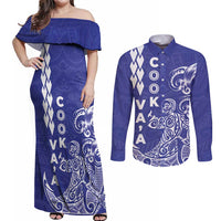 Cook Islands Va'a Polynesian Art Tattoo Couples Matching Off Shoulder Maxi Dress and Long Sleeve Button Shirt Blue Color LT03 Blue - Polynesian Pride