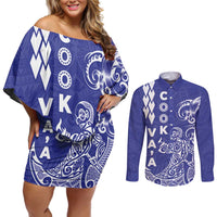 Cook Islands Va'a Polynesian Art Tattoo Couples Matching Off Shoulder Short Dress and Long Sleeve Button Shirt Blue Color LT03 Blue - Polynesian Pride