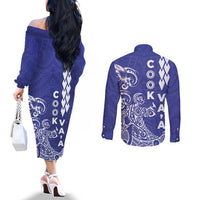 Cook Islands Va'a Polynesian Art Tattoo Couples Matching Off The Shoulder Long Sleeve Dress and Long Sleeve Button Shirt Blue Color LT03 - Polynesian Pride