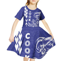 Cook Islands Vaa Polynesian Art Tattoo Kid Short Sleeve Dress Blue Color
