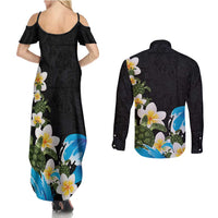 Hawaiian Plumeria and Turtle Couples Matching Summer Maxi Dress and Long Sleeve Button Shirt with Polynesian Tribal Art Pattern Vintage Vibes LT03 - Polynesian Pride
