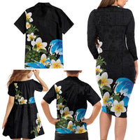 Hawaiian Plumeria and Turtle Family Matching Long Sleeve Bodycon Dress and Hawaiian Shirt with Polynesian Tribal Art Pattern Vintage Vibes