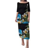Hawaiian Plumeria and Turtle Puletasi with Polynesian Tribal Art Pattern Vintage Vibes LT03 Long Dress Black - Polynesian Pride