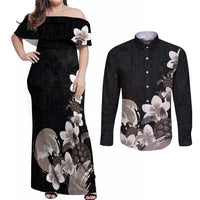 Hawaiian Plumeria and Turtle Couples Matching Off Shoulder Maxi Dress and Long Sleeve Button Shirt with Polynesian Tribal Art Pattern Grayscale Color LT03 Black - Polynesian Pride