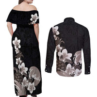 Hawaiian Plumeria and Turtle Couples Matching Off Shoulder Maxi Dress and Long Sleeve Button Shirt with Polynesian Tribal Art Pattern Grayscale Color LT03 - Polynesian Pride