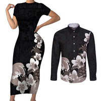 Hawaiian Plumeria and Turtle Couples Matching Short Sleeve Bodycon Dress and Long Sleeve Button Shirt with Polynesian Tribal Art Pattern Grayscale Color LT03 Black - Polynesian Pride