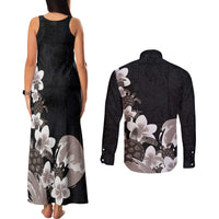 Hawaiian Plumeria and Turtle Couples Matching Tank Maxi Dress and Long Sleeve Button Shirt with Polynesian Tribal Art Pattern Grayscale Color LT03 - Polynesian Pride