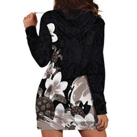 Hawaiian Plumeria and Turtle Hoodie Dress with Polynesian Tribal Art Pattern Grayscale Color LT03 - Polynesian Pride