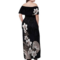 Hawaiian Plumeria and Turtle Off Shoulder Maxi Dress with Polynesian Tribal Art Pattern Grayscale Color LT03 - Polynesian Pride