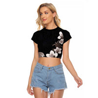 Hawaiian Plumeria and Turtle Raglan Cropped T Shirt with Polynesian Tribal Art Pattern Grayscale Color LT03 Female Black - Polynesian Pride
