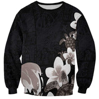 Hawaiian Plumeria and Turtle Sweatshirt with Polynesian Tribal Art Pattern Grayscale Color LT03 Unisex Black - Polynesian Pride