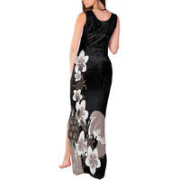 Hawaiian Plumeria and Turtle Tank Maxi Dress with Polynesian Tribal Art Pattern Grayscale Color LT03 - Polynesian Pride